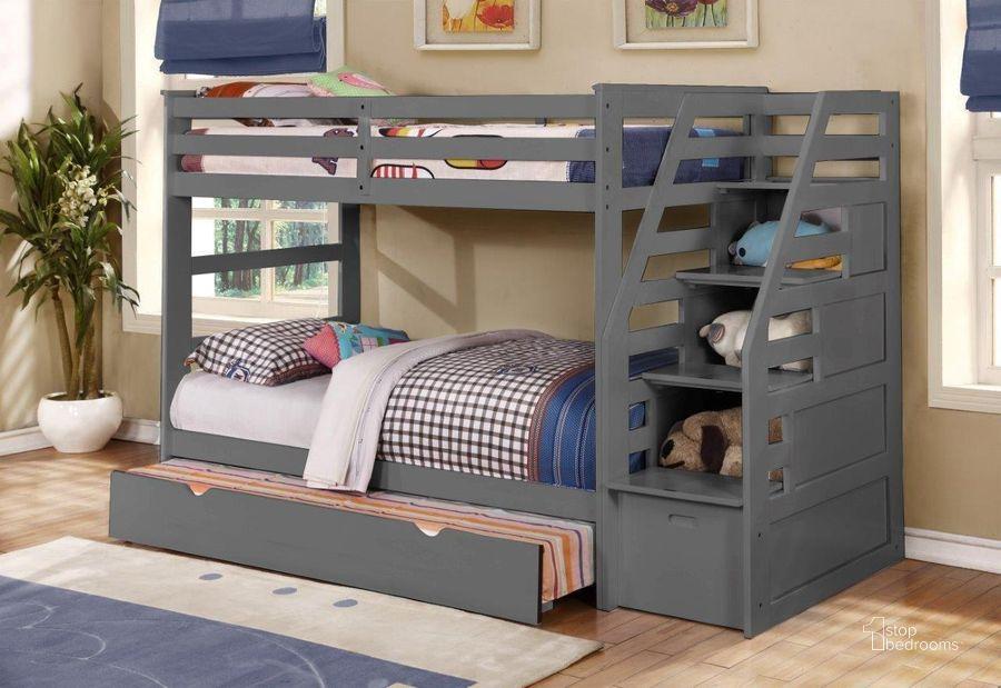 Twin over twin gray bunk with stairs and trundle unit